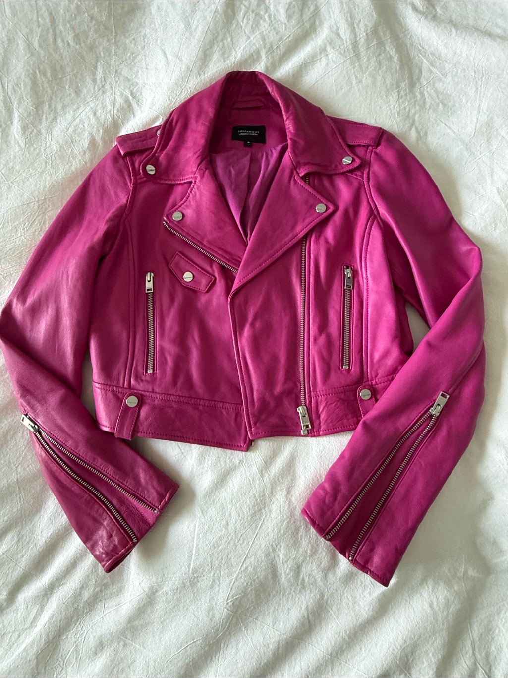 Lamarque Fuchsia Leather Moto Jacket